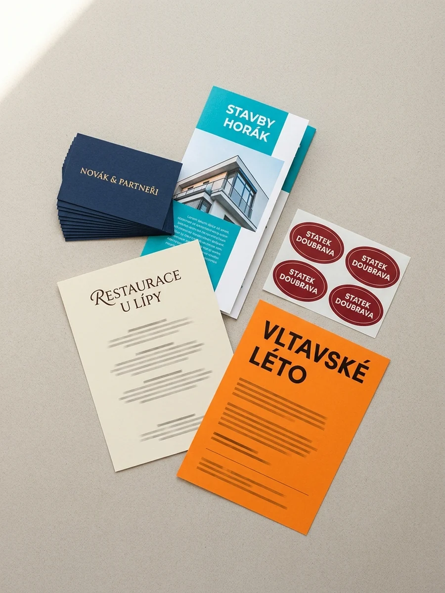 Tiskoviny vyrobené pro různé klienty – vizitky, brožura, menu, etikety a leták